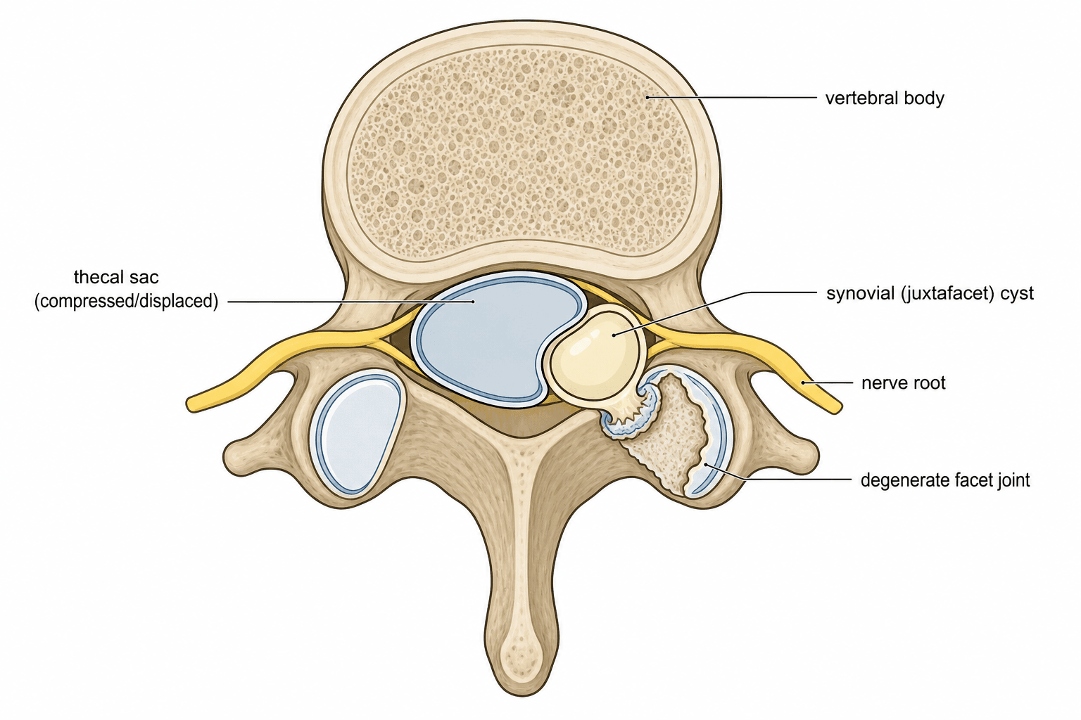 Labelled axial anatomical diagram of a lumbar synovial (juxtafacet) cyst arising from a degenerate facet joint and compressing the thecal sac