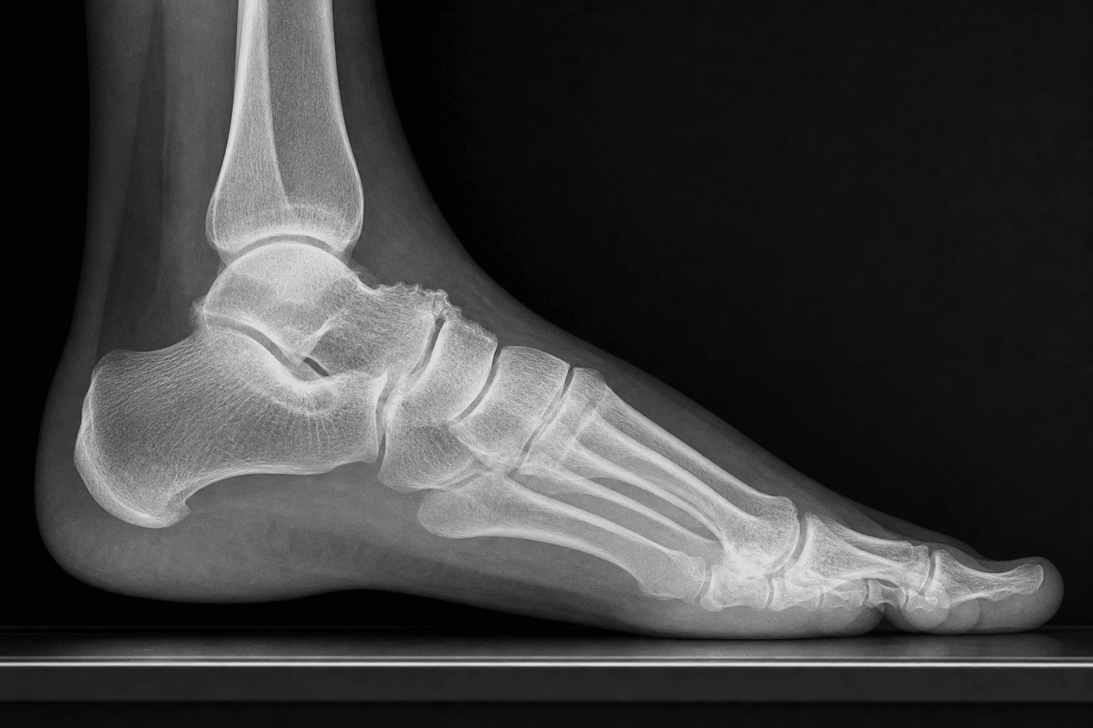 Weight-bearing lateral radiograph of the foot, the view used to assess the talonavicular joint.