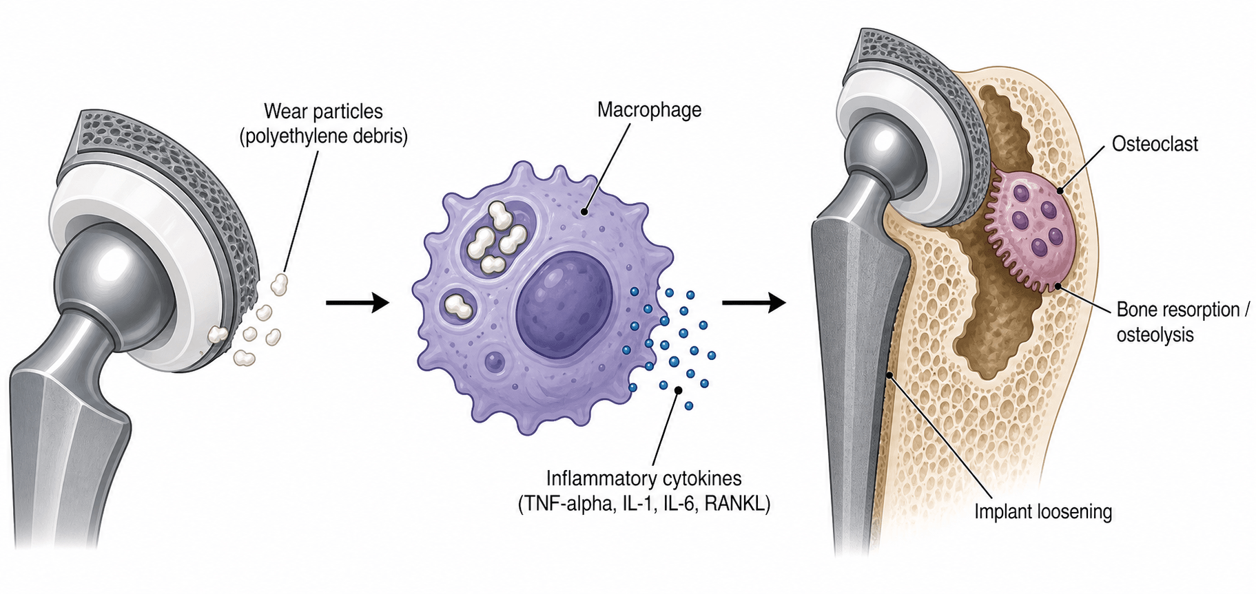 Diagram of the particle disease cascade: polyethylene wear particles, macrophage activation with inflammatory cytokines, osteoclast-mediated bone resorption and implant loosening