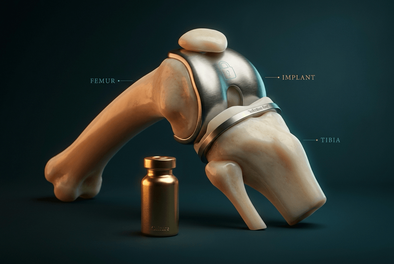 Cinematic illustration of a total-knee implant on ivory bone with a sealed gold culture vial in front of the joint.