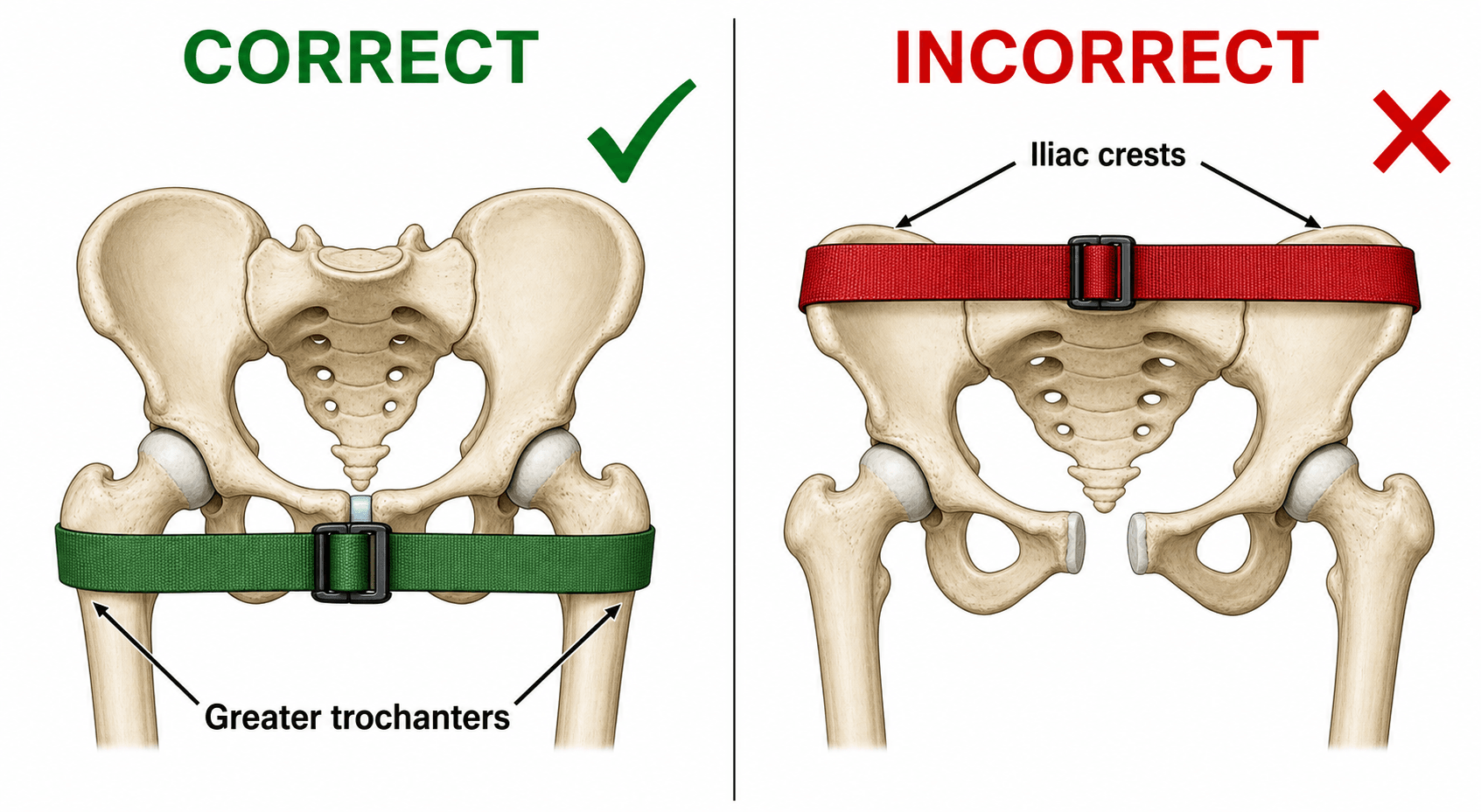 Schematic of an anterior bony pelvis comparing a pelvic binder placed correctly at the greater trochanters versus incorrectly at the iliac crests.