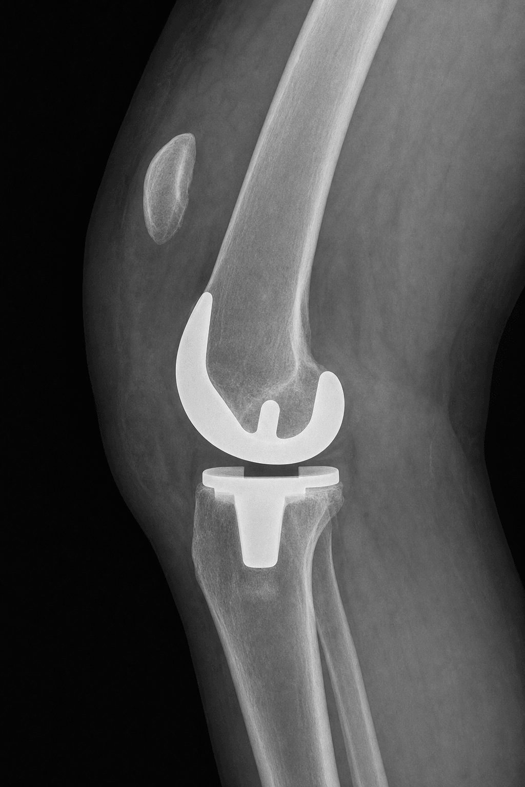 Lateral knee radiograph after total knee arthroplasty showing a markedly high-riding patella.