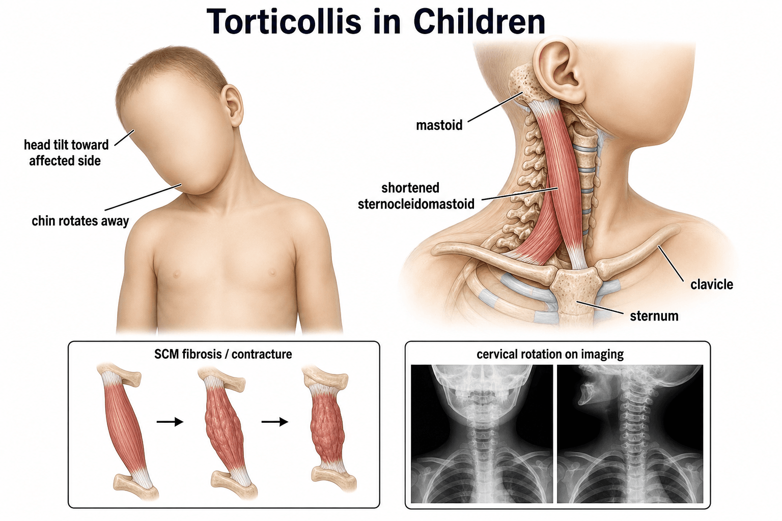 Diagram of congenital muscular torticollis showing the head-tilt posture and the shortened sternocleidomastoid anatomy