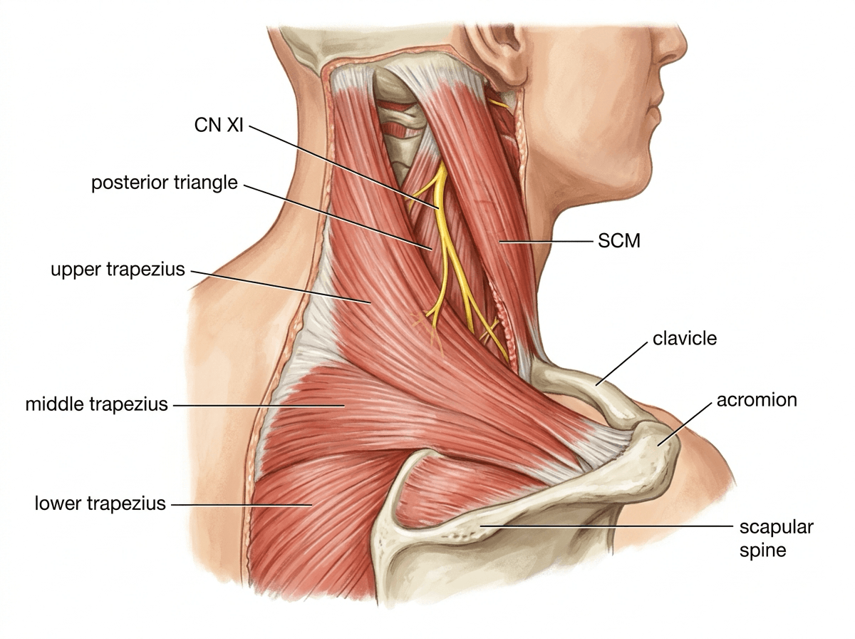 Painted lateral-posterior neck showing CN XI leaving sternocleidomastoid, crossing the posterior triangle, and entering upper, middle and lower trapezius.