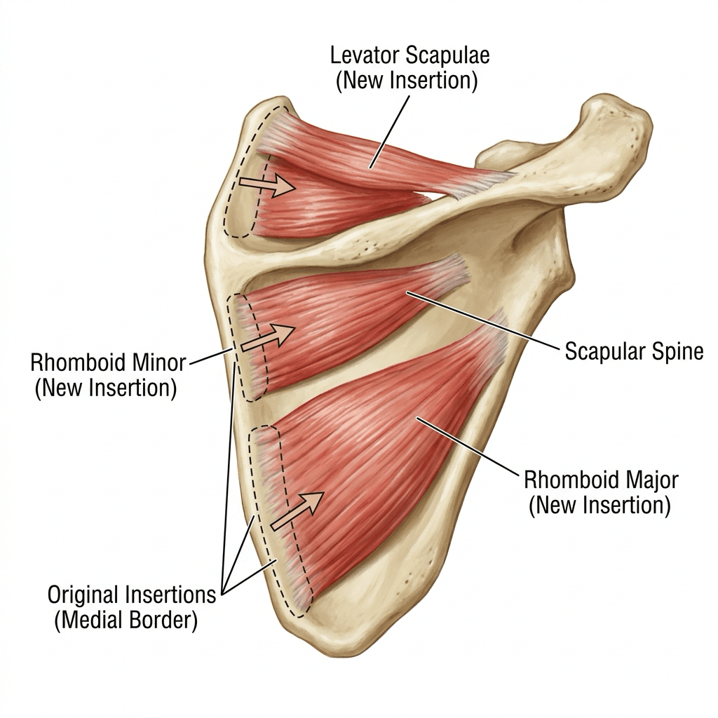 Posterior painted right scapula showing Eden-Lange triple-tendon transfer: levator scapulae moved to the spine near the acromion, rhomboid minor to the spine, rhomboid major to the infraspinous fossa, with dashed native medial-border insertions.