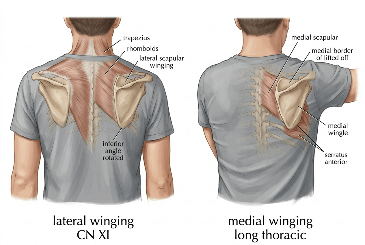 Posterior view of two clothed patients: left, lateral scapular winging with a drooped shoulder from CN XI palsy; right, medial winging from long thoracic palsy.
