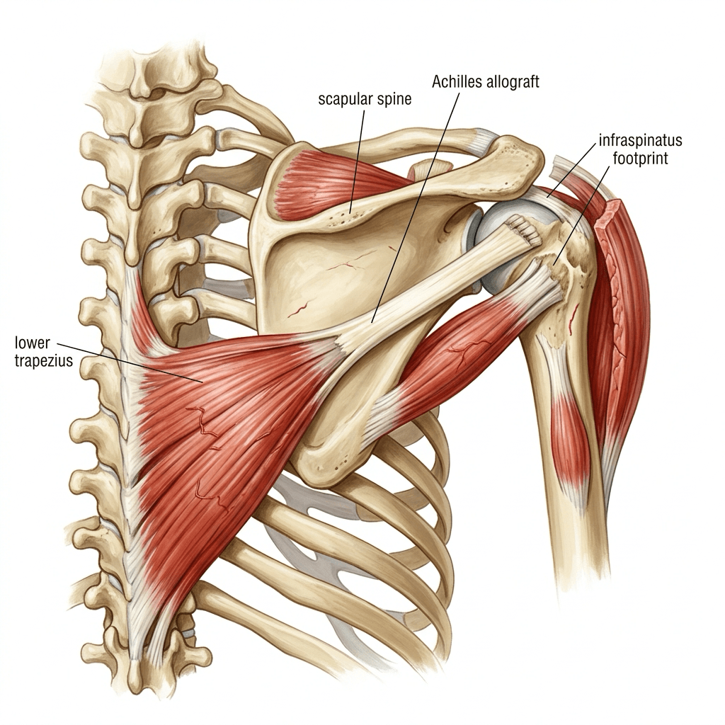 Posterior painted right shoulder showing lower trapezius prolonged with an Achilles allograft to the infraspinatus footprint on the greater tuberosity.