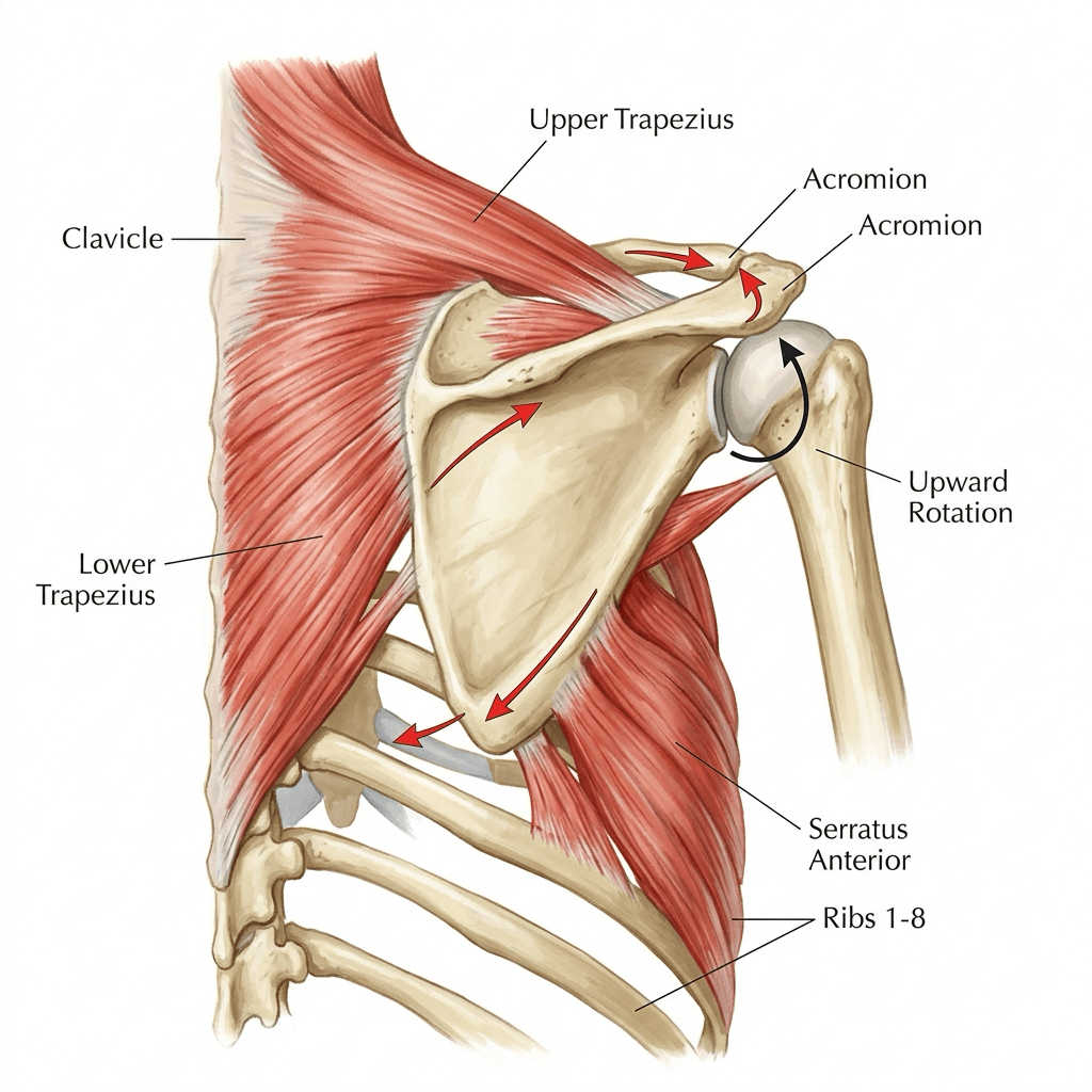 Posterior painted scapula showing upper trapezius, lower trapezius and serratus anterior as the upward-rotation force couple, with the glenoid rotating upward.