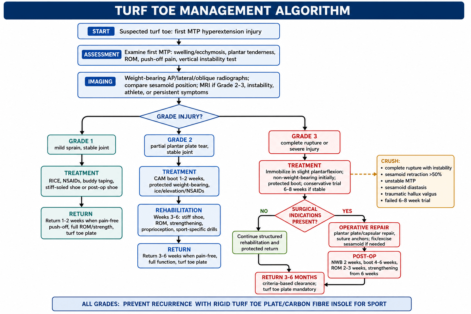 Turf toe management algorithm grading the first MTP plantar-plate injury and directing treatment by Anderson grade.