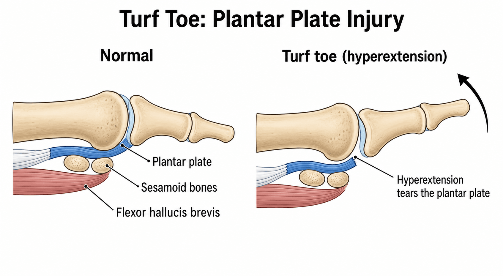 Diagram of the first MTP plantar plate complex and the hyperextension mechanism of turf toe.