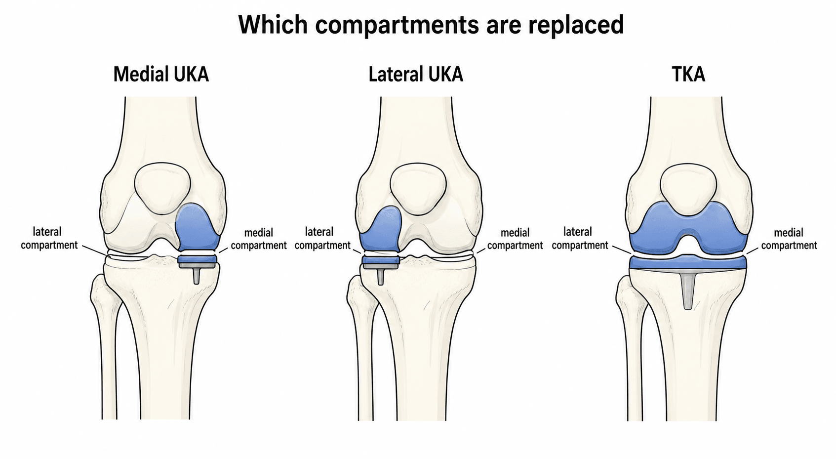 Coronal knee schematic comparing which compartments are resurfaced by a medial UKA, a lateral UKA, and a TKA.