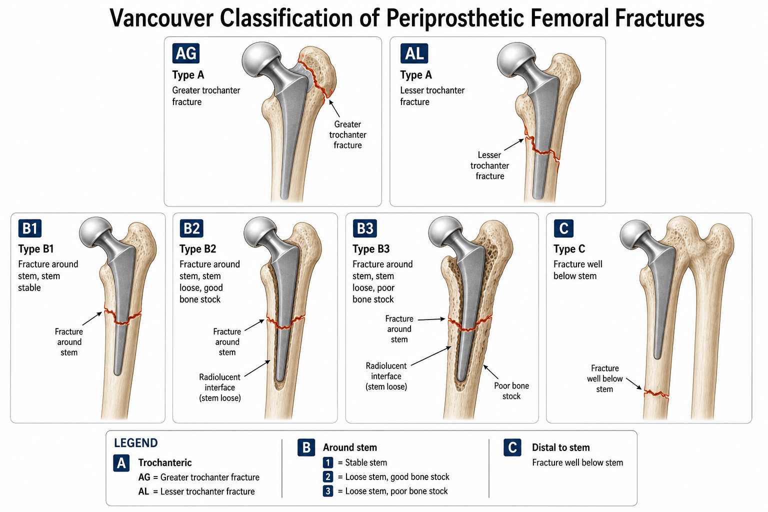 Diagram of the Vancouver classification: AG and AL trochanteric fractures, B1/B2/B3 fractures around the stem (with stem fixation and bone stock), and a type C fracture well below the stem, with a legend