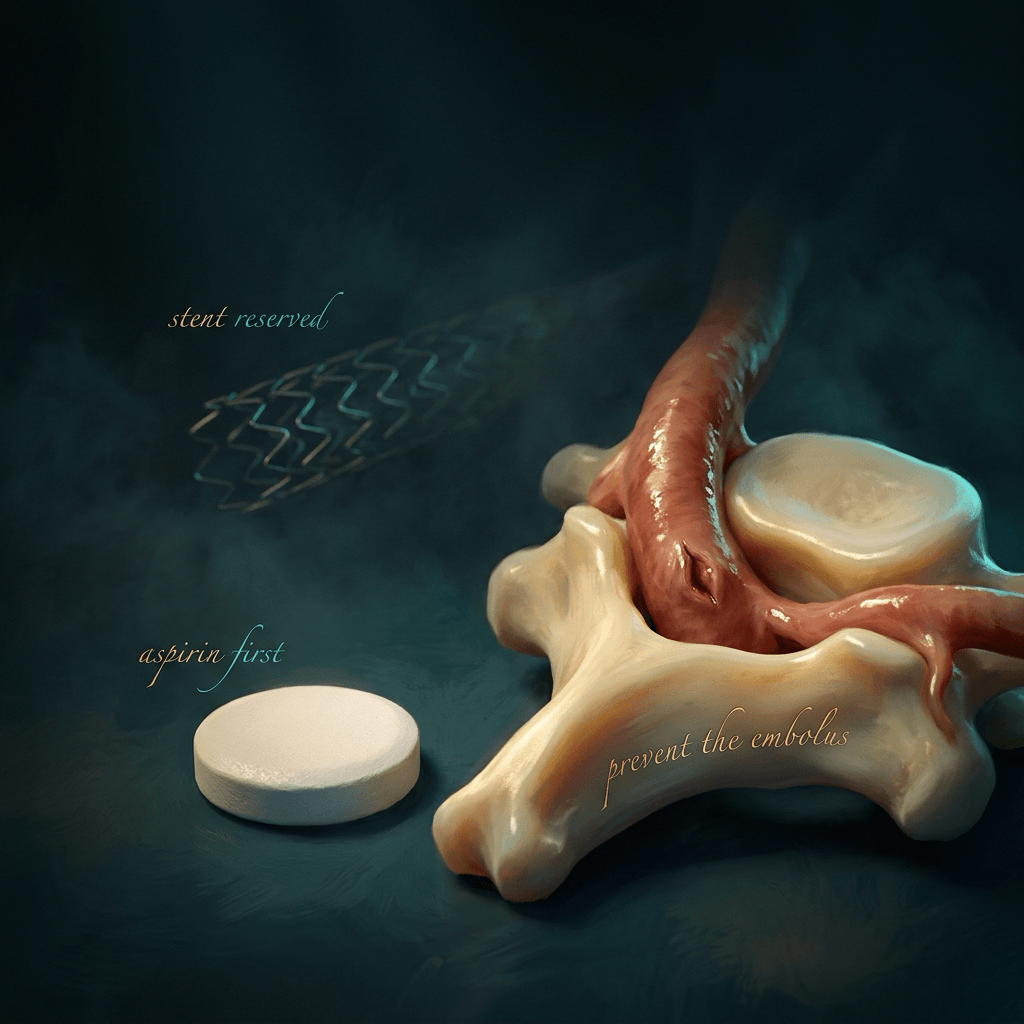 Unlabelled aspirin tablet in front of an injured vertebral artery, with a stent device set back in reserve.