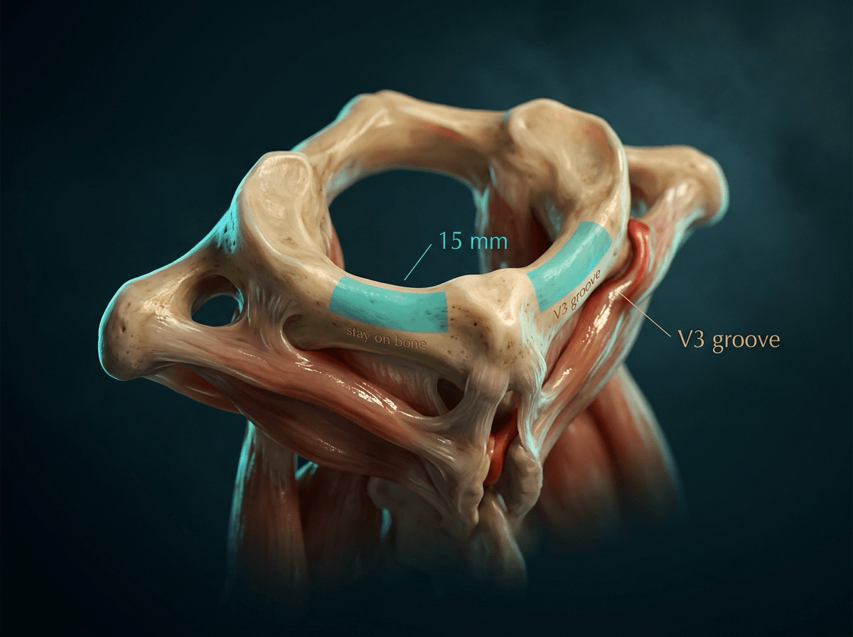 Posterior C1 arch with a 15 mm safe zone from the posterior tubercle and the V3 artery turning medially in its groove.