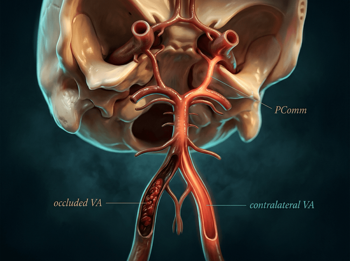 Circle of Willis from below with one vertebral artery occluded and flow continuing through the contralateral vertebral artery and posterior communicating arteries.