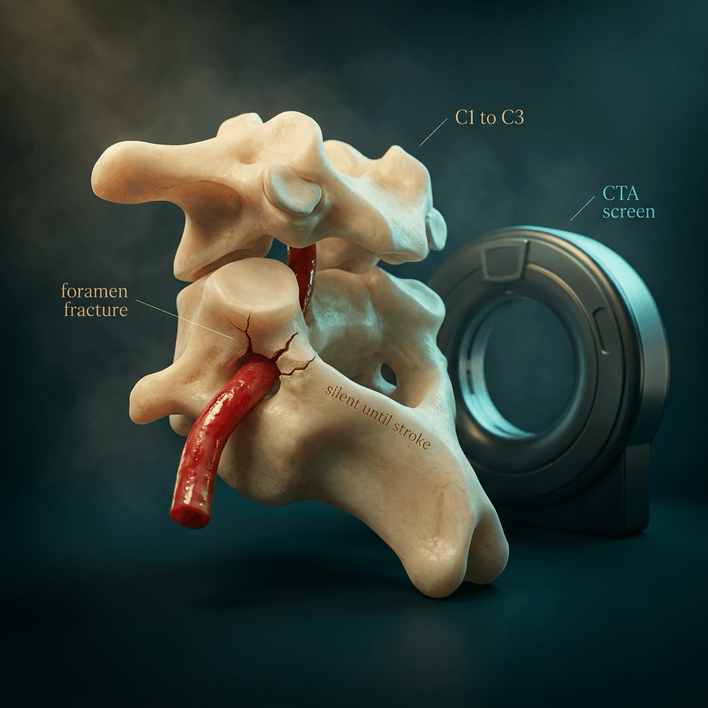 Ivory C2 with fractures beside the transverse foramen and a CTA gantry, labelled as a C1–C3 foramen-fracture screen.