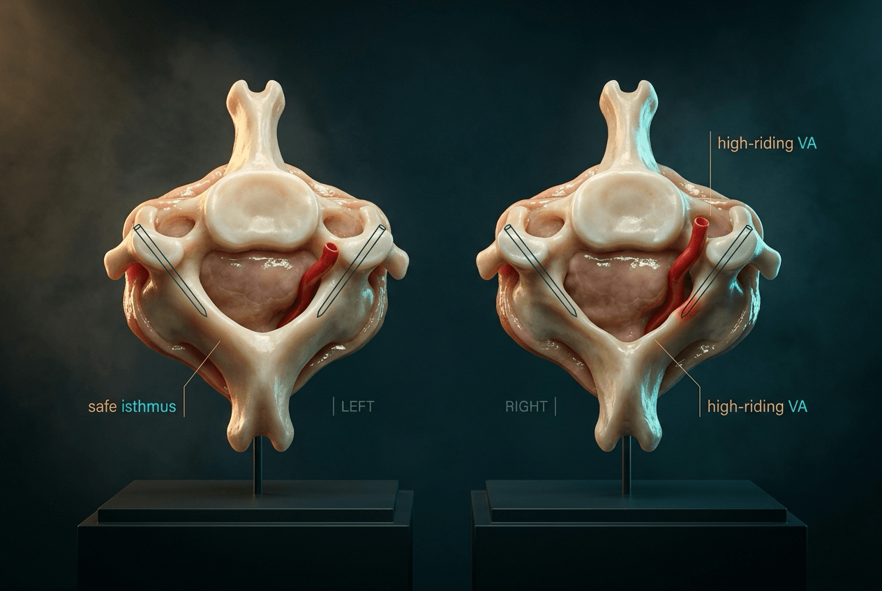 Two C2 cutaways: a generous isthmus with a safe screw corridor versus a high-riding vertebral artery thinning the isthmus below 5 mm.