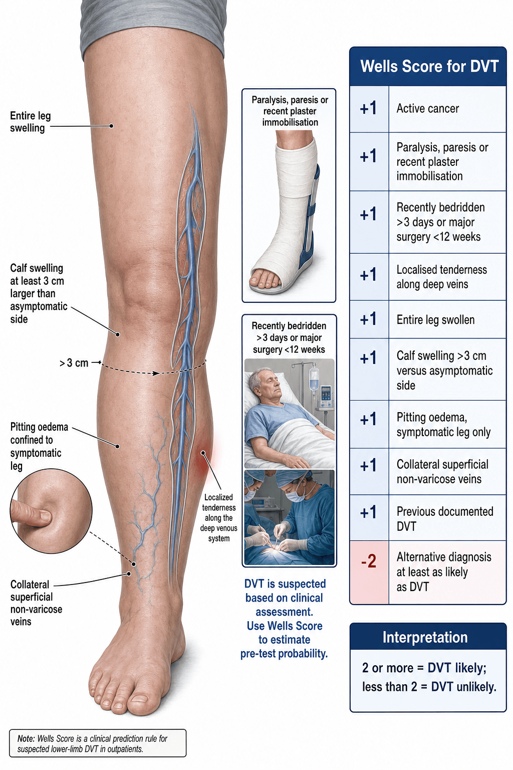 Wells score for DVT: a leg showing the clinical signs and a table of the nine +1 variables, the -2 for an alternative diagnosis, and the two-tier interpretation