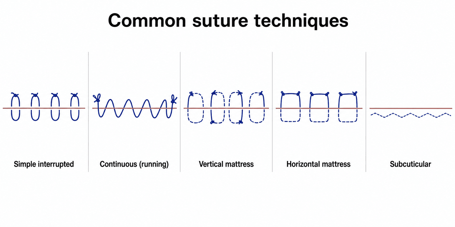 Five-panel line diagram of suture techniques: simple interrupted, continuous, vertical mattress, horizontal mattress and subcuticular.
