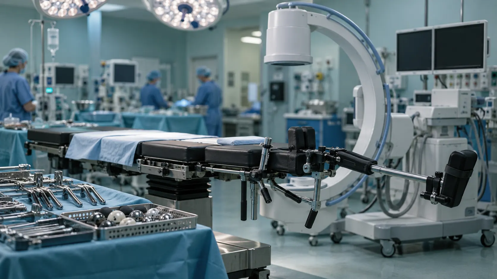 Orthopaedic theatre with an operating table and leg extension, a mobile C-arm and a trolley of retractors and trial heads, staff blurred behind