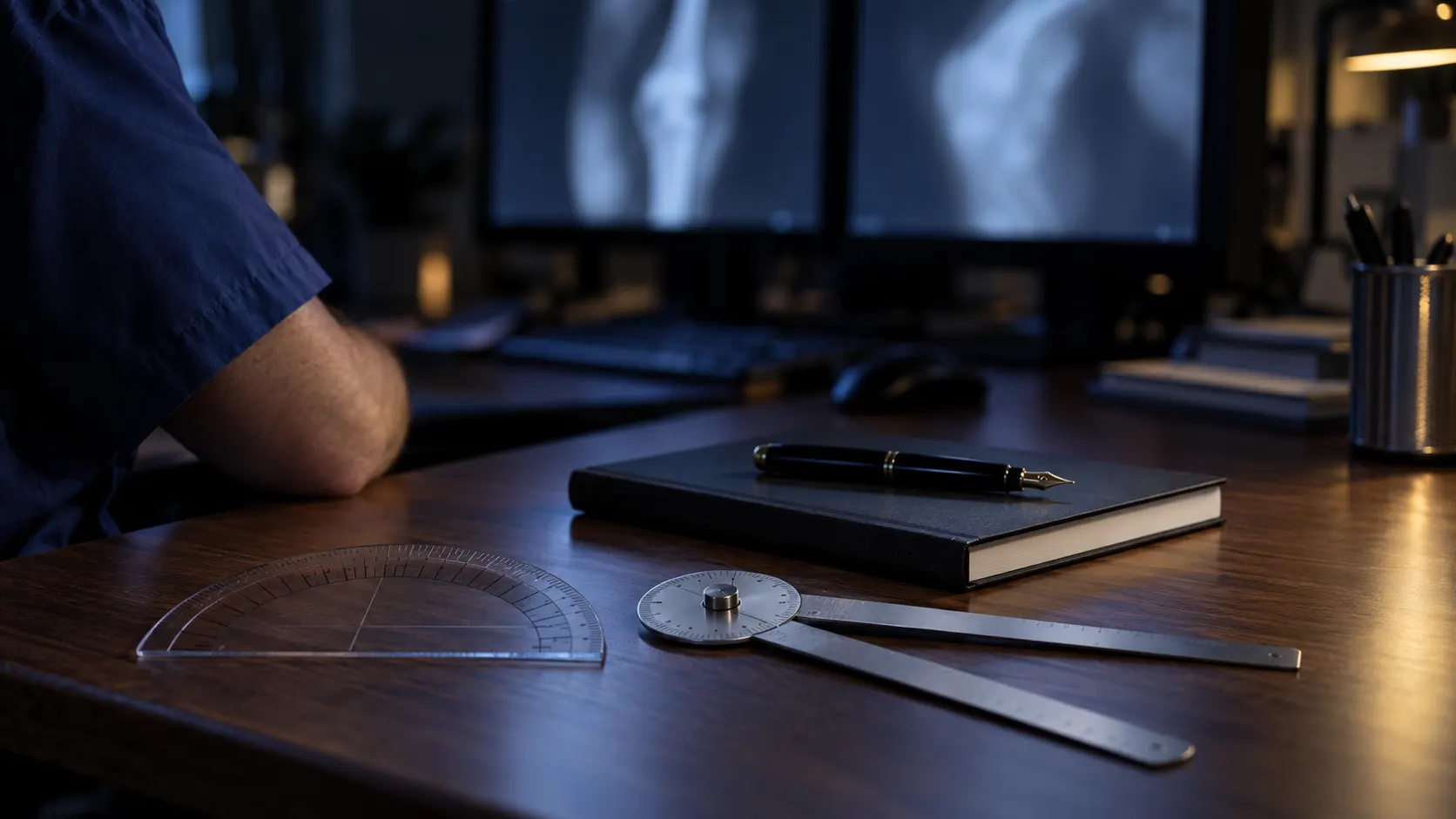 Protractor, goniometer and pen on a notebook in a dim radiology reporting room, with blurred monitors behind