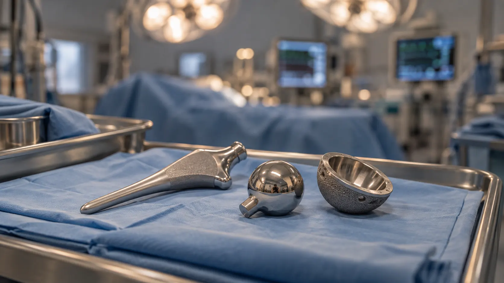 Femoral stem, metal femoral head and acetabular cup laid out on blue drapes on a theatre trolley, with operating lights and monitors blurred behind