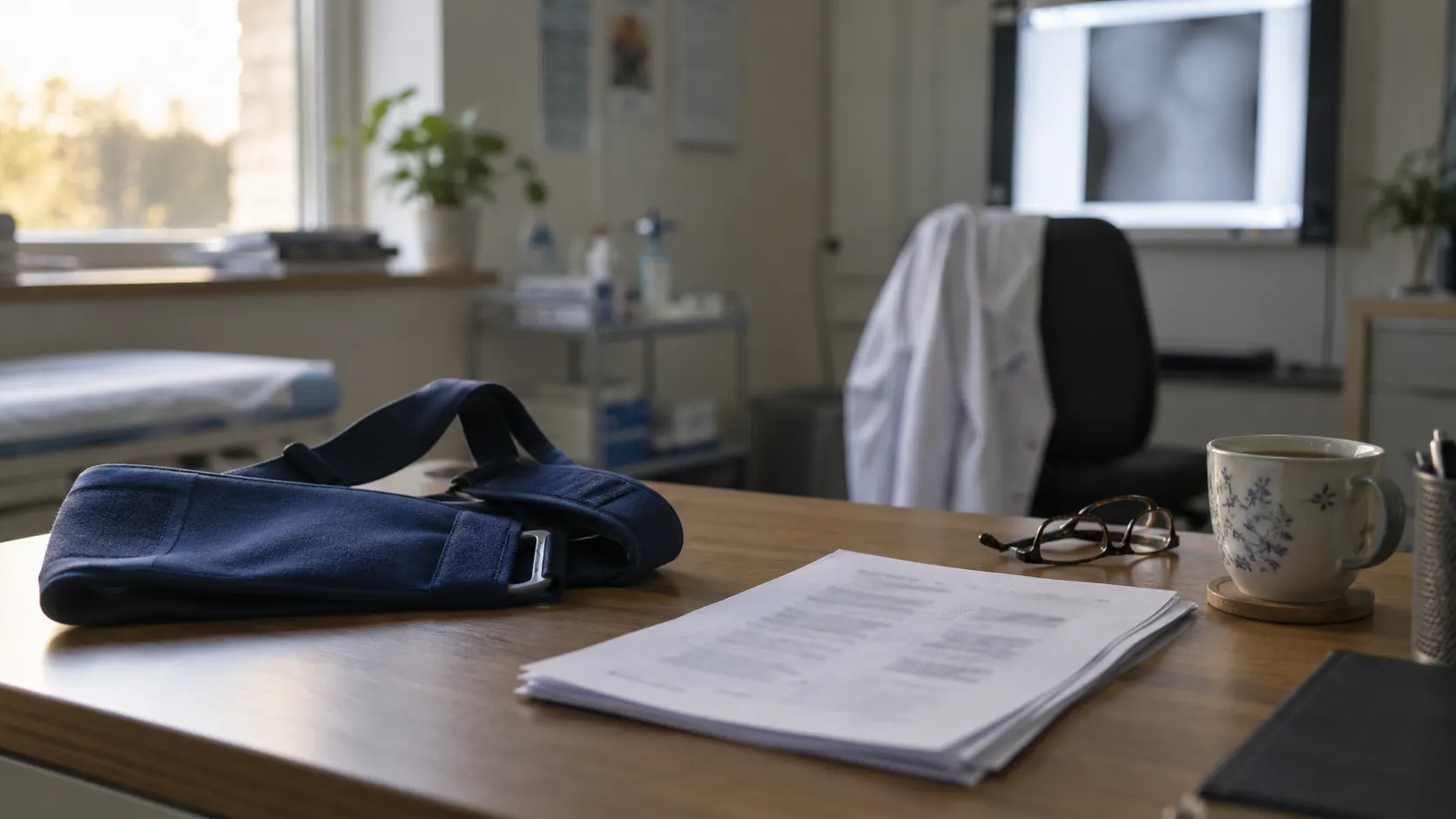 Fracture clinic desk with a folded blue arm sling, a printed trial report, reading glasses and a cup of tea, with a white coat and a softly lit viewing screen out of focus behind