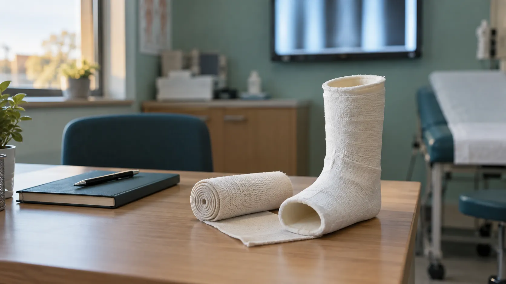 Child-sized below-knee cast and a roll of cast padding on a clinic desk beside a notebook, with a blurred viewing monitor behind