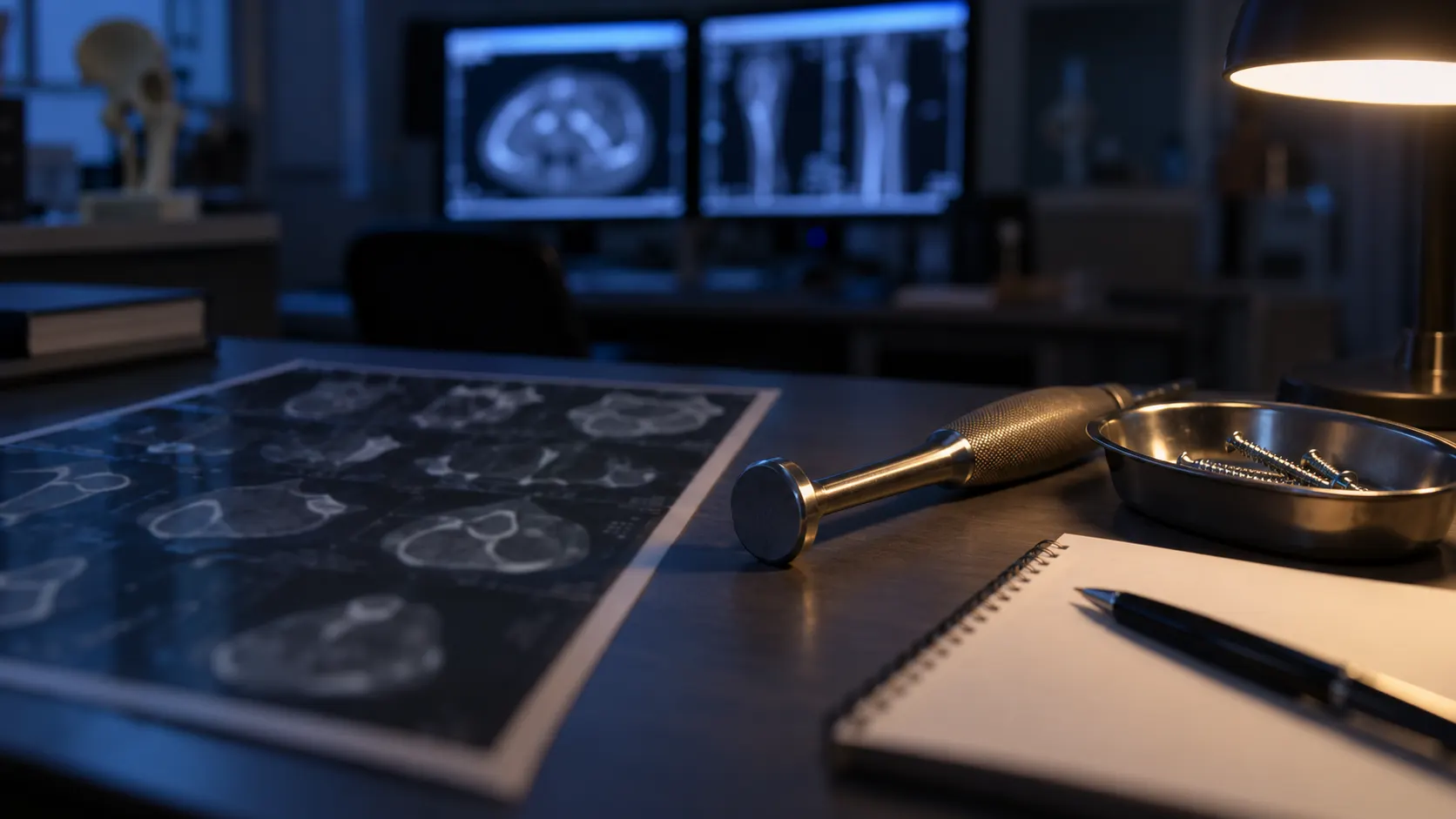 Desk in a dim trauma planning room with a printed CT sheet, a bone tamp, screws in a dish and blurred monitors behind