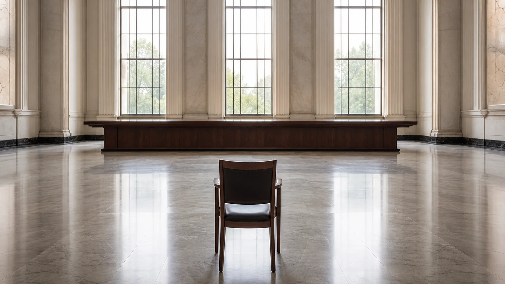Single wooden chair facing a long bench in an empty hall with tall windows