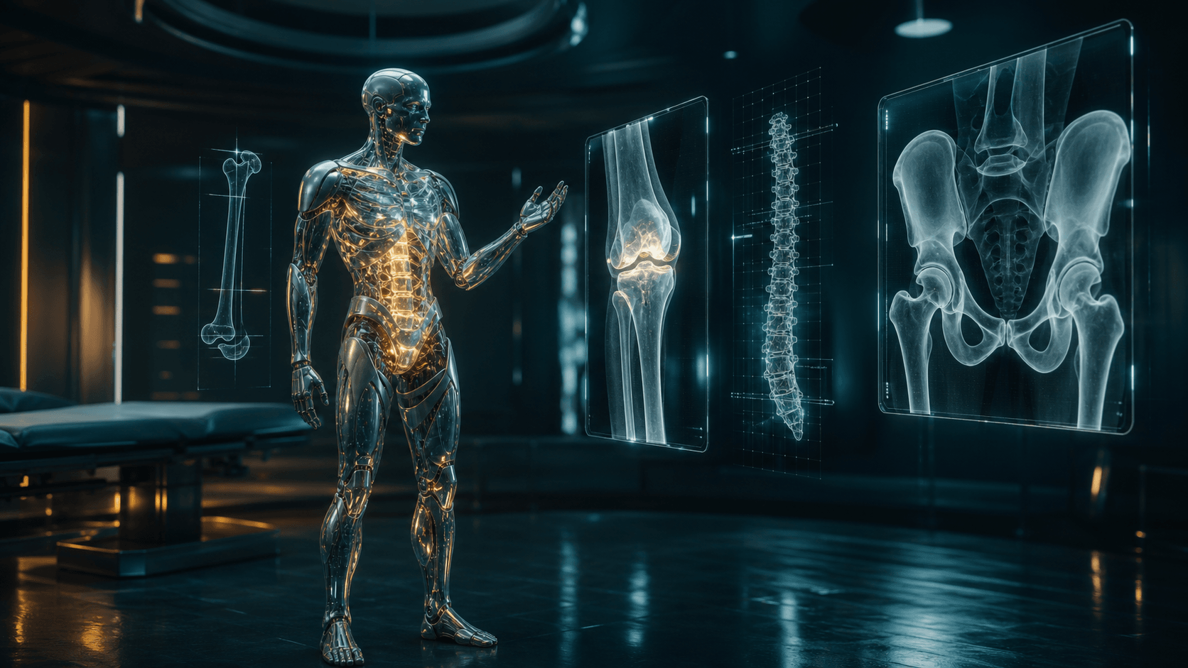 Aster examining a candidate against a holographic orthopaedic X-ray