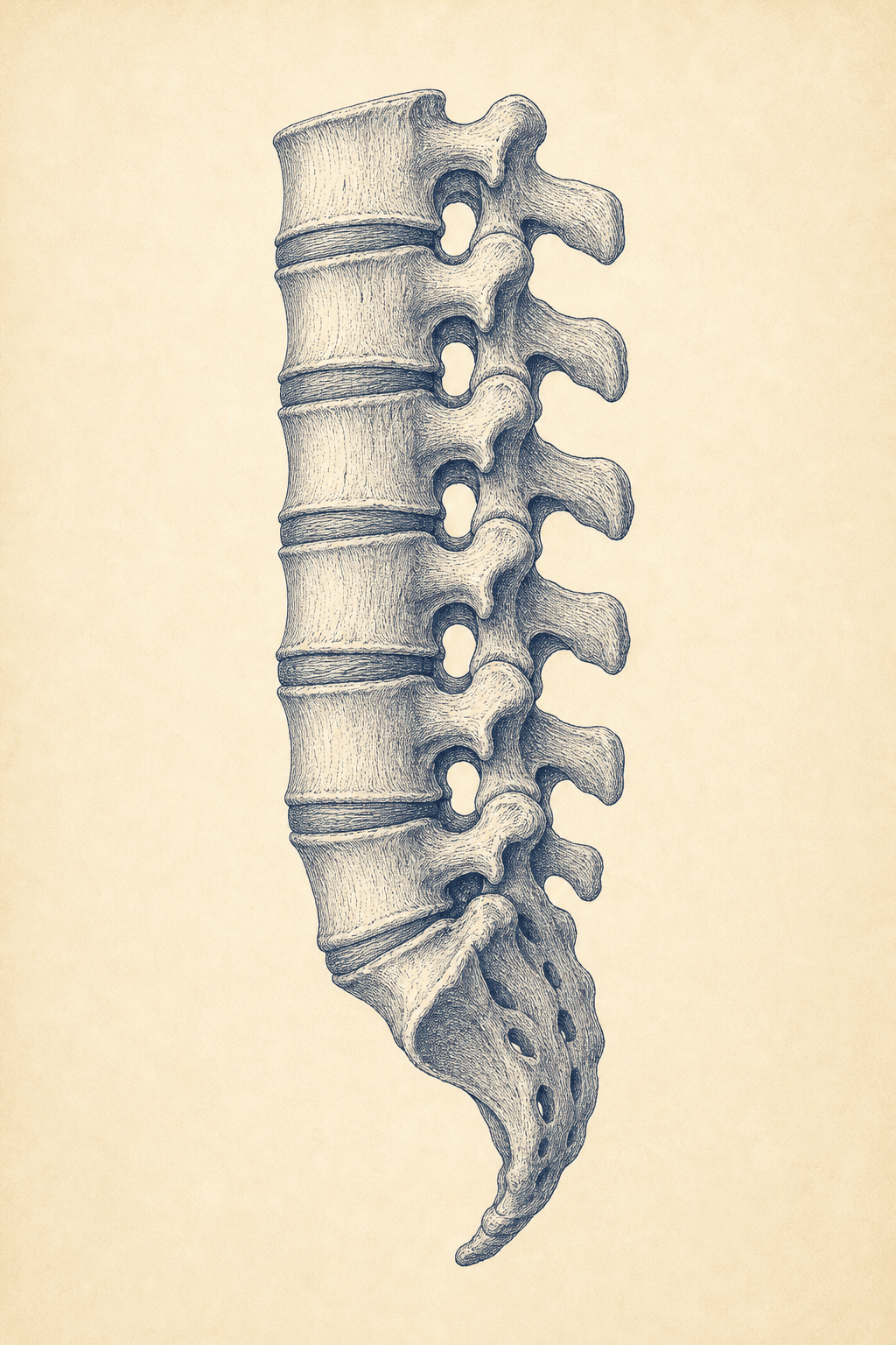 Anatomical engraving of the lumbar spine in lateral view, showing the vertebral bodies, intervertebral discs, spinous processes and the sacrum