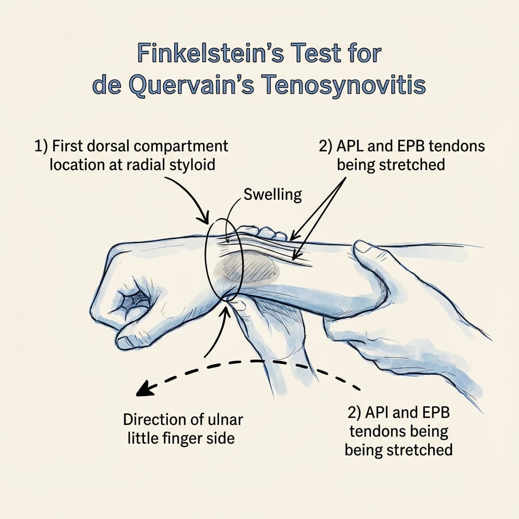 Clinical photograph demonstrating Finkelstein's test. The patient makes a fist over the thumb, and the examiner ulnarly deviates the wrist. This stretches the APL and EPB tendons across the radial styloid, reproducing the patient's pain. A positive test indicates first dorsal compartment tenosynovitis. Note the swelling over the radial styloid corresponding to the first compartment.