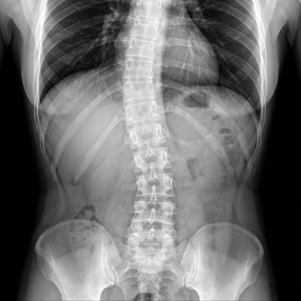Standing PA radiograph demonstrating a right thoracic curve measuring 52 degrees (Cobb angle) from T5-T12 in a skeletally immature female (Risser 2). There is thoracic hypokyphosis. The curve is structural with >25 degrees on bending films. Lateral view shows thoracic hypokyphosis. This represents adolescent idiopathic scoliosis (AIS) with a large curve requiring surgical discussion.