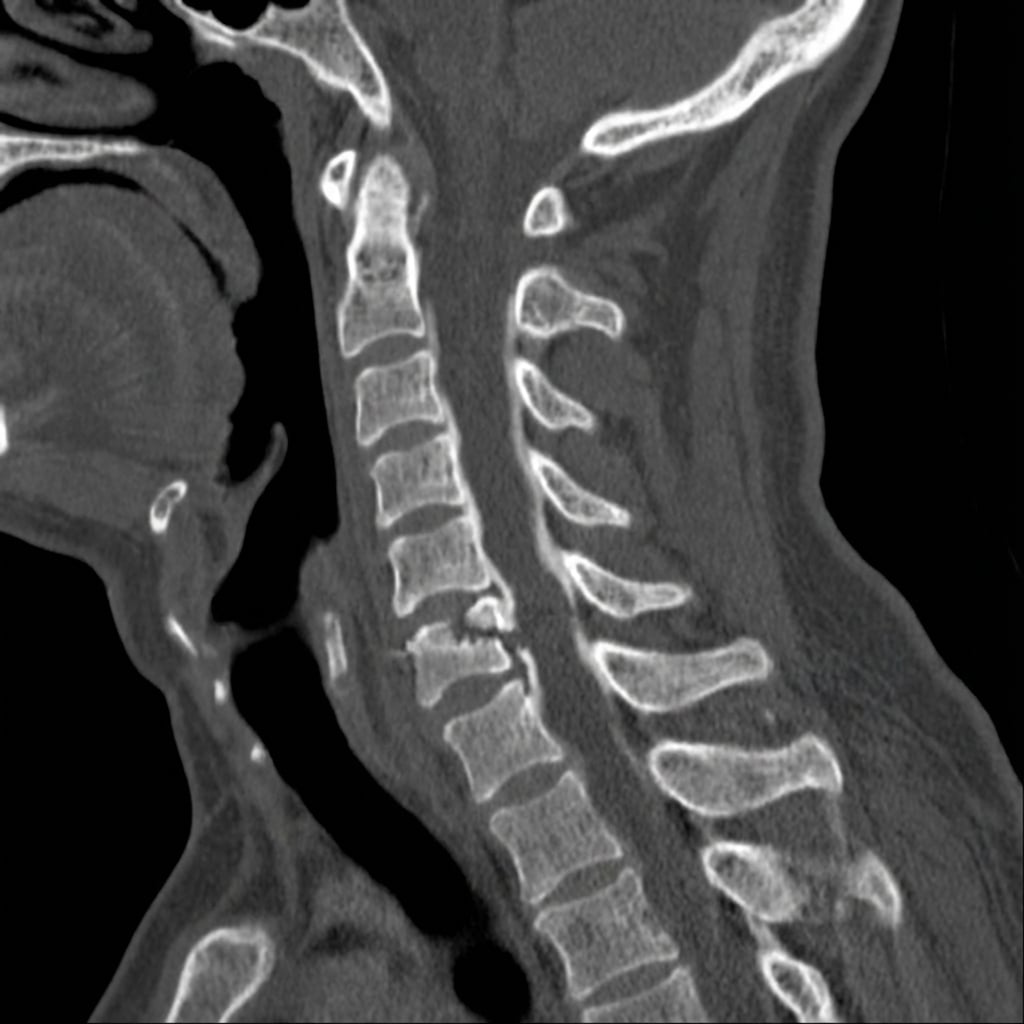 Sagittal CT demonstrating a hyperextension fracture-dislocation through a completely ankylosed cervical spine at C6-7 in a patient with ankylosing spondylitis. The fracture extends through the fused disc space and facets (three-column injury). There is posterior displacement with likely epidural hematoma. The remainder of the spine shows complete ankylosis with bridging syndesmophytes.