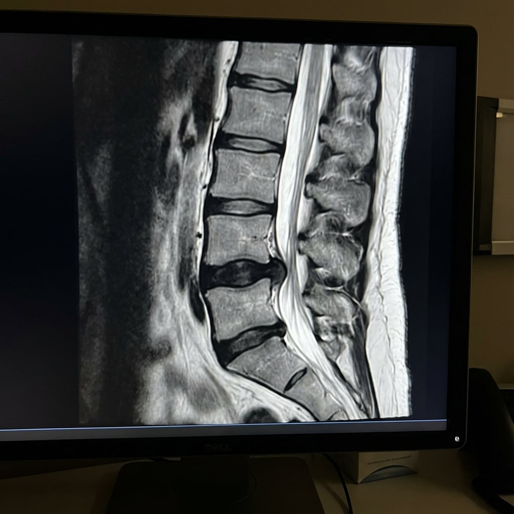 Sagittal T2-weighted MRI demonstrating large L4-5 disc herniation with severe canal stenosis. Axial image shows the disc occupying >50% of the canal with compression of the cauda equina nerve roots. There is obliteration of CSF signal around the roots. This represents cauda equina syndrome requiring emergency surgical decompression.