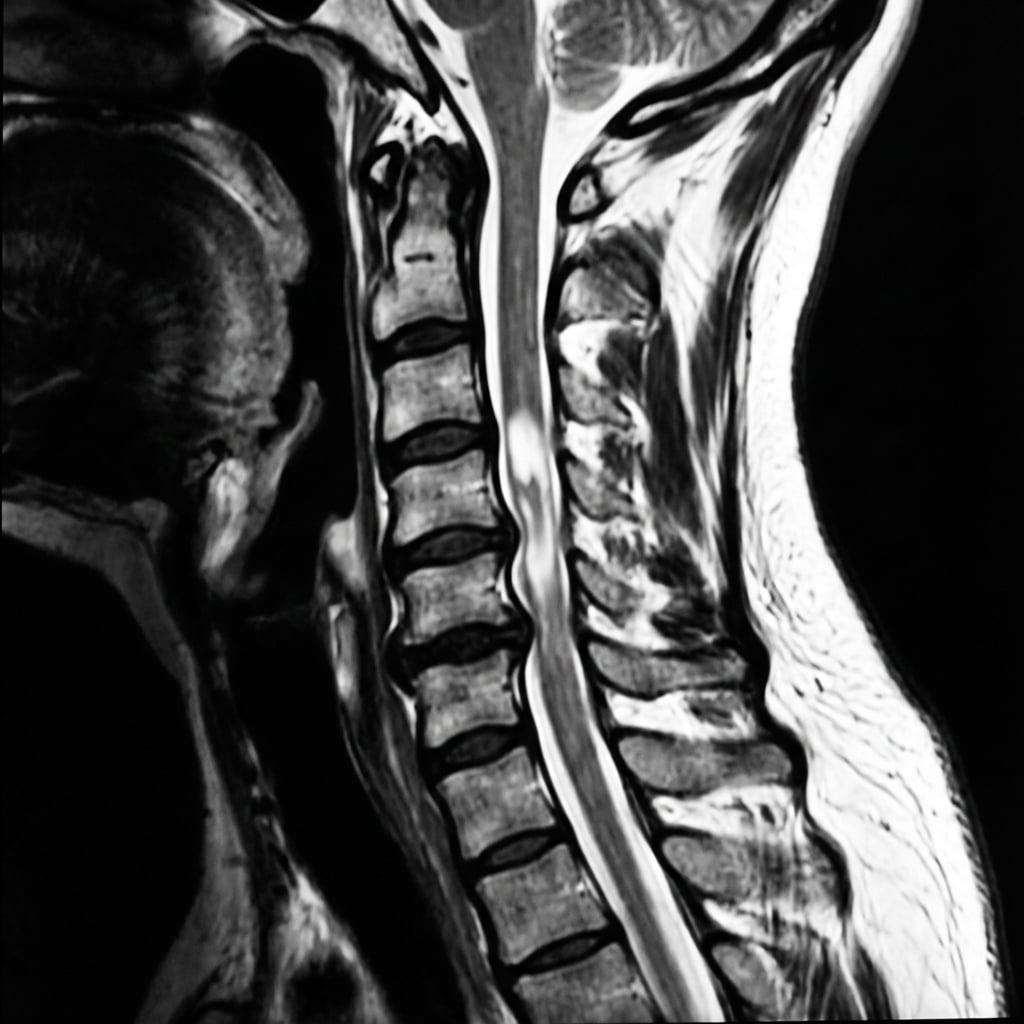 Sagittal T2-weighted MRI demonstrating multilevel cervical spondylosis with stenosis from C3-6. There is central cord T2 hyperintensity at C4-5 level indicating cord edema/contusion. There is no fracture or dislocation. This represents central cord syndrome from hyperextension injury in a patient with pre-existing cervical stenosis.