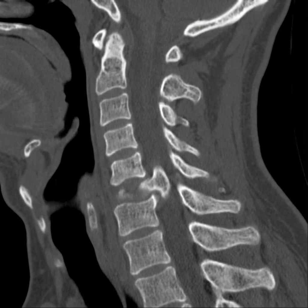 Sagittal and axial CT images demonstrating unilateral left facet dislocation at C6-7. The left C6 inferior articular process is locked anterior to the C7 superior articular process (jumped facet). There is approximately 25% anterior translation of C6 on C7 with rotation. The right facet is subluxed but not locked. This represents unilateral facet dislocation with associated radiculopathy pattern.