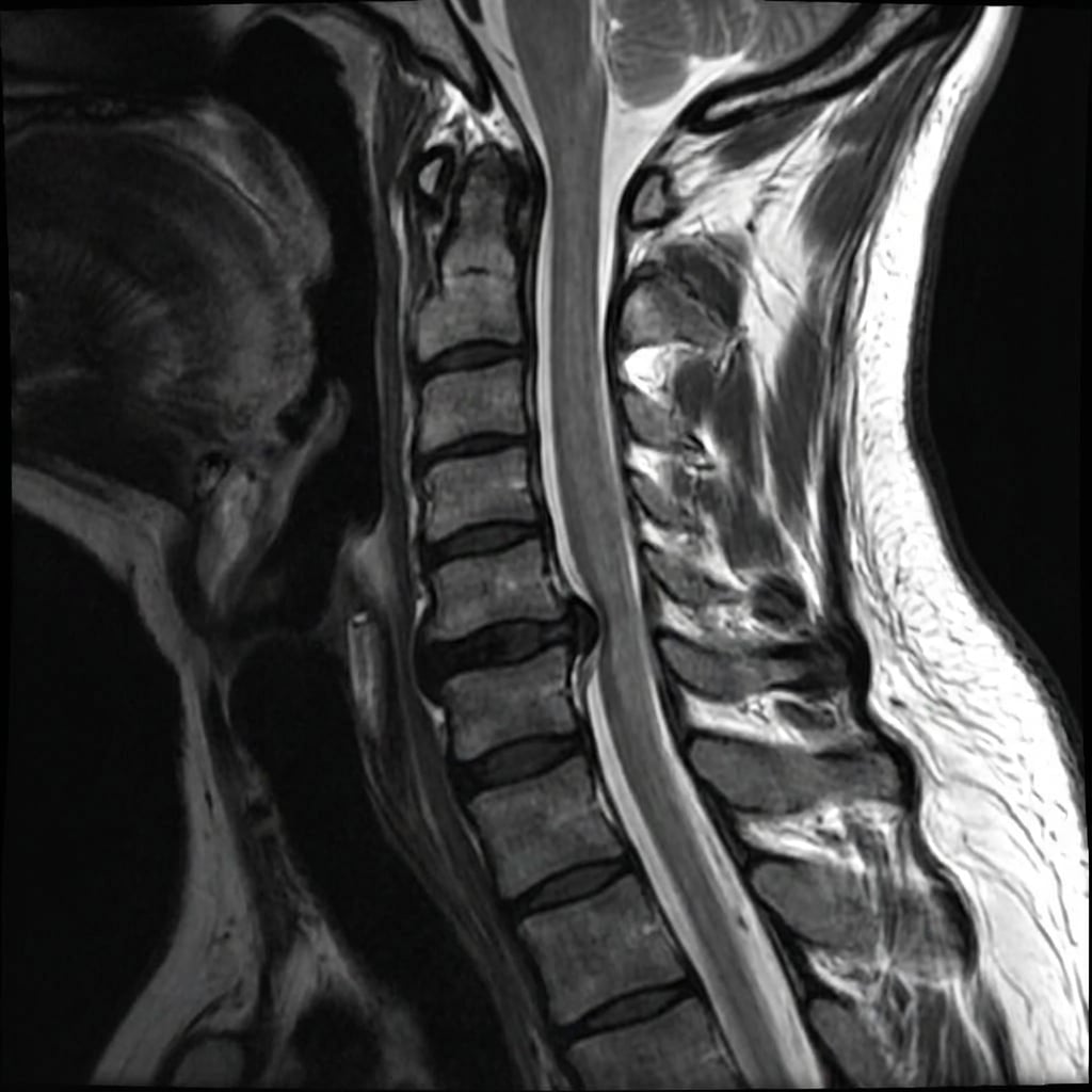 Sagittal and axial T2-weighted MRI demonstrating left posterolateral disc herniation at C6-7 with compression of the left C7 nerve root in the neural foramen. There is loss of disc height and disc signal at C6-7. The cord signal is normal. This represents cervical radiculopathy from disc herniation with concordant clinical findings.