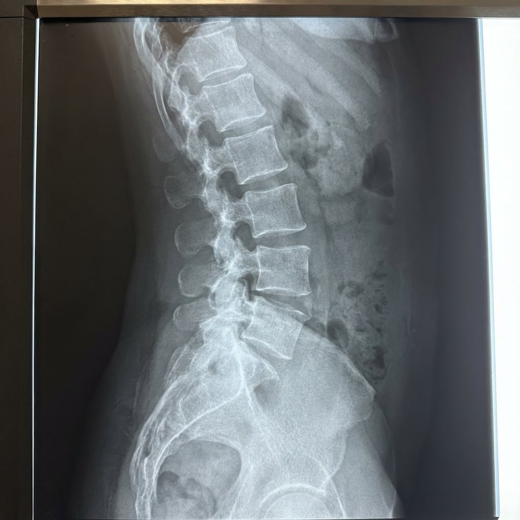 Lateral standing radiograph demonstrating Grade I (Meyerding) anterior spondylolisthesis of L4 on L5. There is disc space narrowing at L4-5 and facet hypertrophy. MRI shows central and lateral recess stenosis at L4-5 with compression of the traversing L5 nerve roots. The pars is intact. This represents degenerative spondylolisthesis causing neurogenic claudication.
