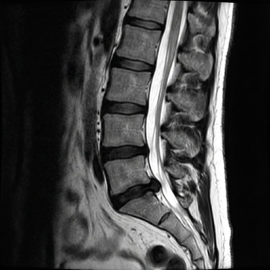 Sagittal and axial T2-weighted MRI demonstrating large left paracentral disc herniation at L5-S1. The disc fragment is extruded and extends inferiorly, compressing the left S1 nerve root in the lateral recess. There is loss of disc height and disc desiccation. The patient has left S1 radiculopathy with calf pain and absent ankle jerk.