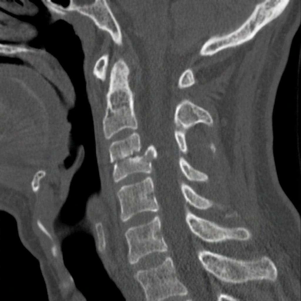 Sagittal and coronal CT images demonstrating Type II odontoid fracture at the base of the dens with 4mm posterior displacement of the dens relative to the C2 body. The fracture line is at the junction of the odontoid process and C2 body - the watershed zone for blood supply. This represents a Type II odontoid fracture in an elderly patient with high non-union risk requiring surgical stabilization.