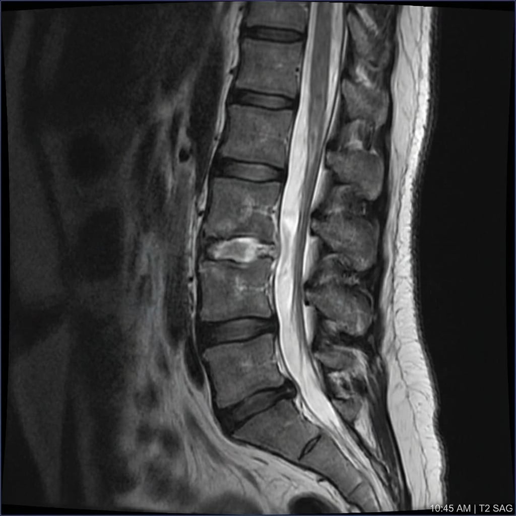 Sagittal T2-weighted MRI demonstrating L3-4 disc space infection with high signal in the disc and adjacent vertebral endplates. There is destruction of the L3 and L4 endplates with collapse. A posterior epidural abscess extends from L2 to L5 with cord/cauda compression. Paravertebral collection is visible anteriorly. This represents pyogenic spondylodiscitis with epidural abscess requiring urgent surgical debridement.
