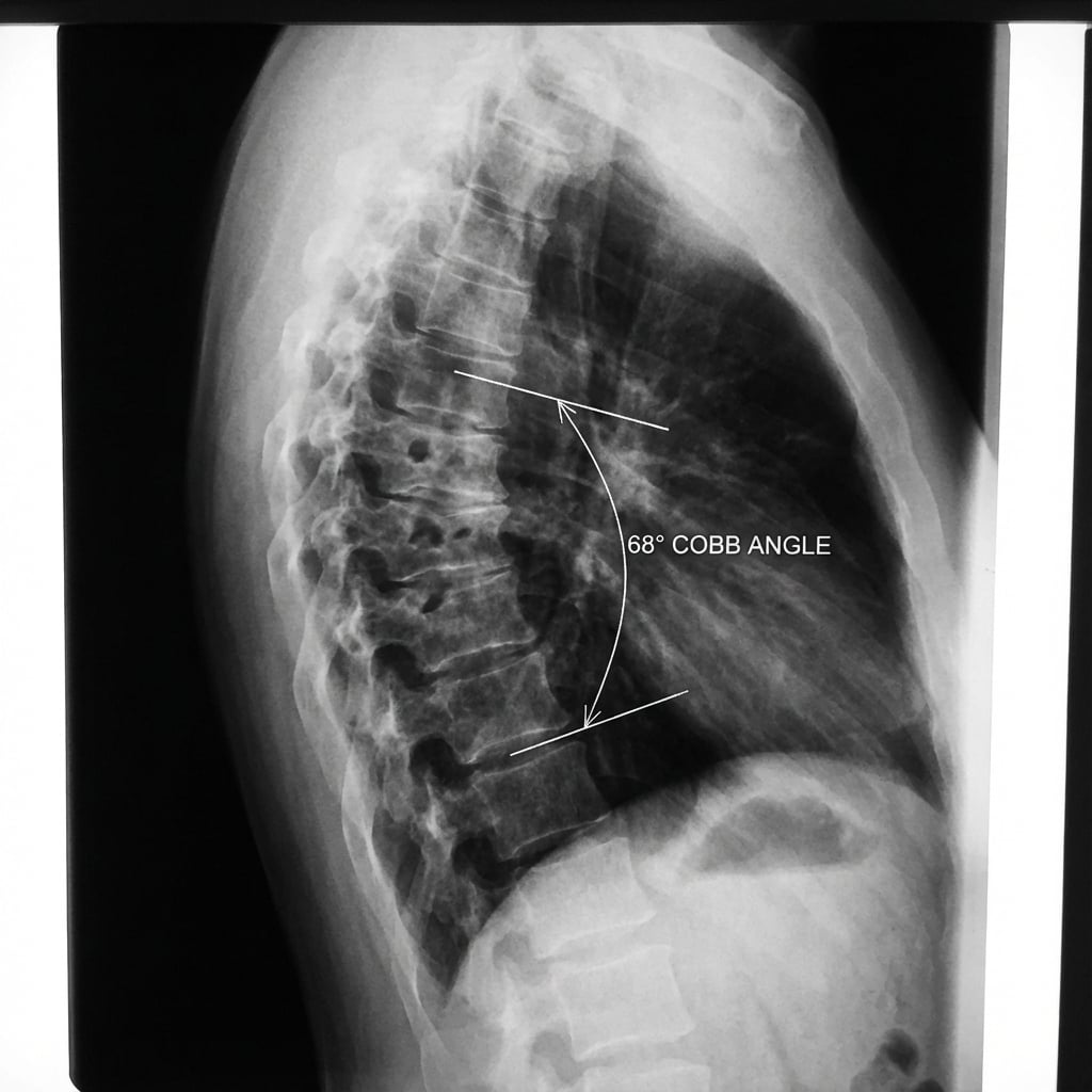 Standing lateral radiograph demonstrating thoracic kyphosis measuring 68 degrees (Cobb T5-T12). There is anterior wedging >5 degrees at T7, T8, and T9 with irregularity of the vertebral endplates and multiple Schmorl's nodes. The apex is at T8. This represents classic Scheuermann's disease with structural thoracic kyphosis.