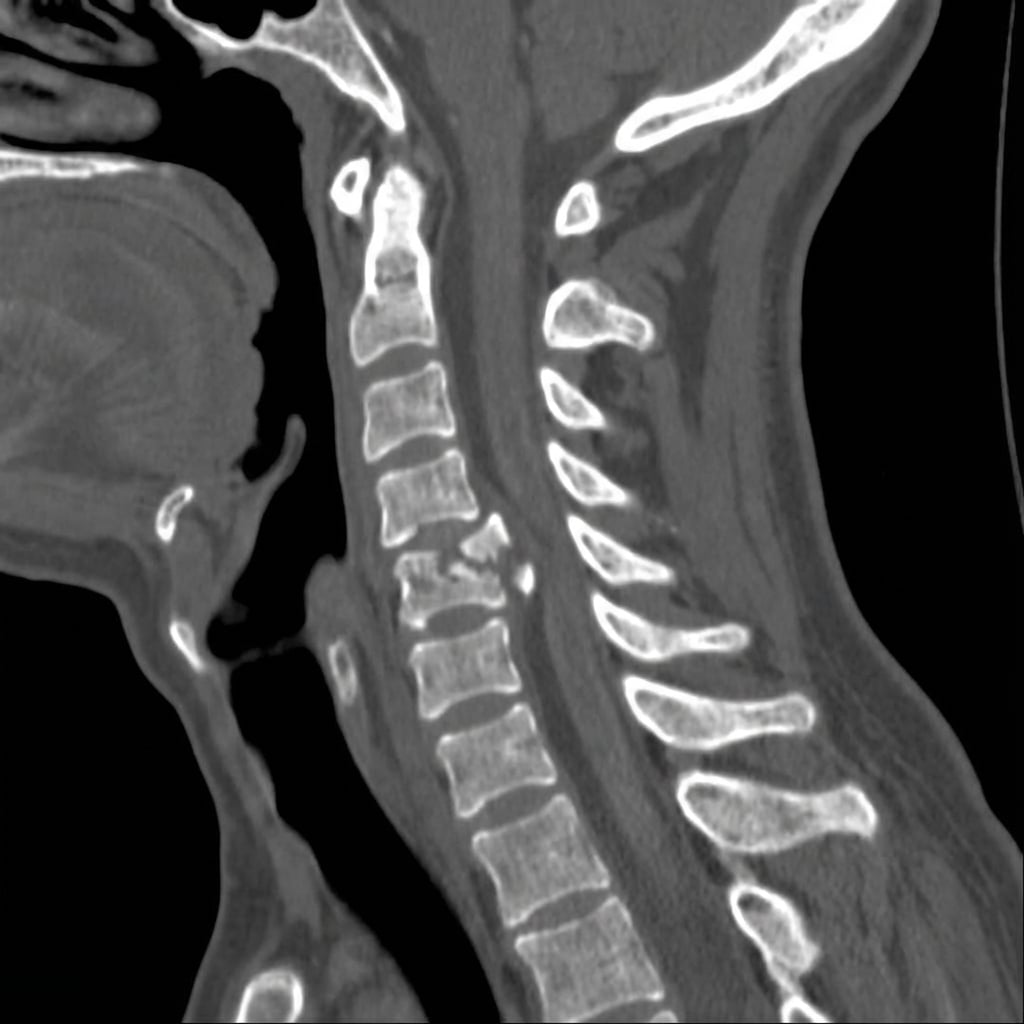 Sagittal and axial CT images demonstrating a C5 burst fracture with loss of vertebral body height, retropulsed posterior wall fragment causing canal compromise of approximately 50%. The posterior ligamentous complex appears intact on CT. MRI shows cord compression with edema. This represents a subaxial cervical injury requiring SLIC scoring for treatment decision.
