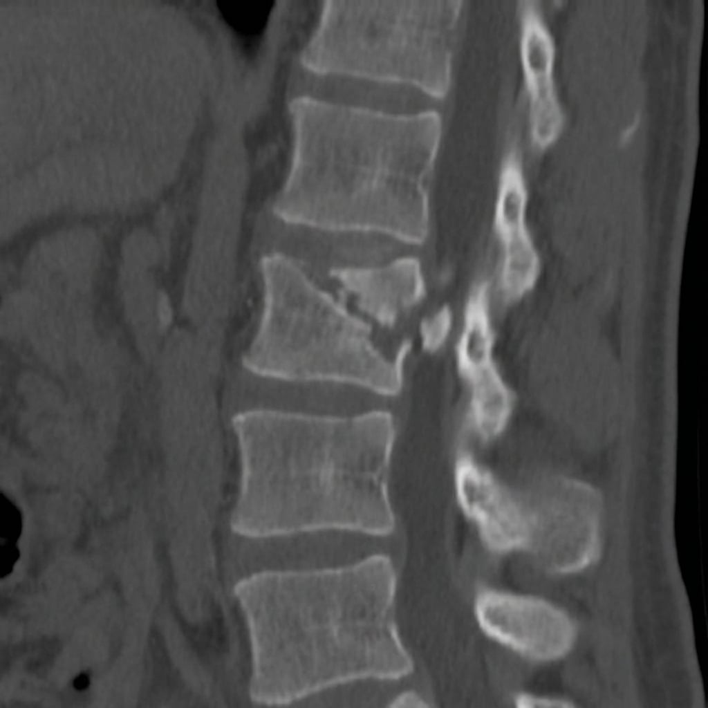 Sagittal and axial CT images demonstrating L1 burst fracture with loss of anterior vertebral body height, retropulsion of a posterior wall fragment causing 50% canal compromise, and widening of the interpedicular distance. The patient has an incomplete neurological deficit. This represents an unstable thoracolumbar junction injury requiring surgical stabilization.