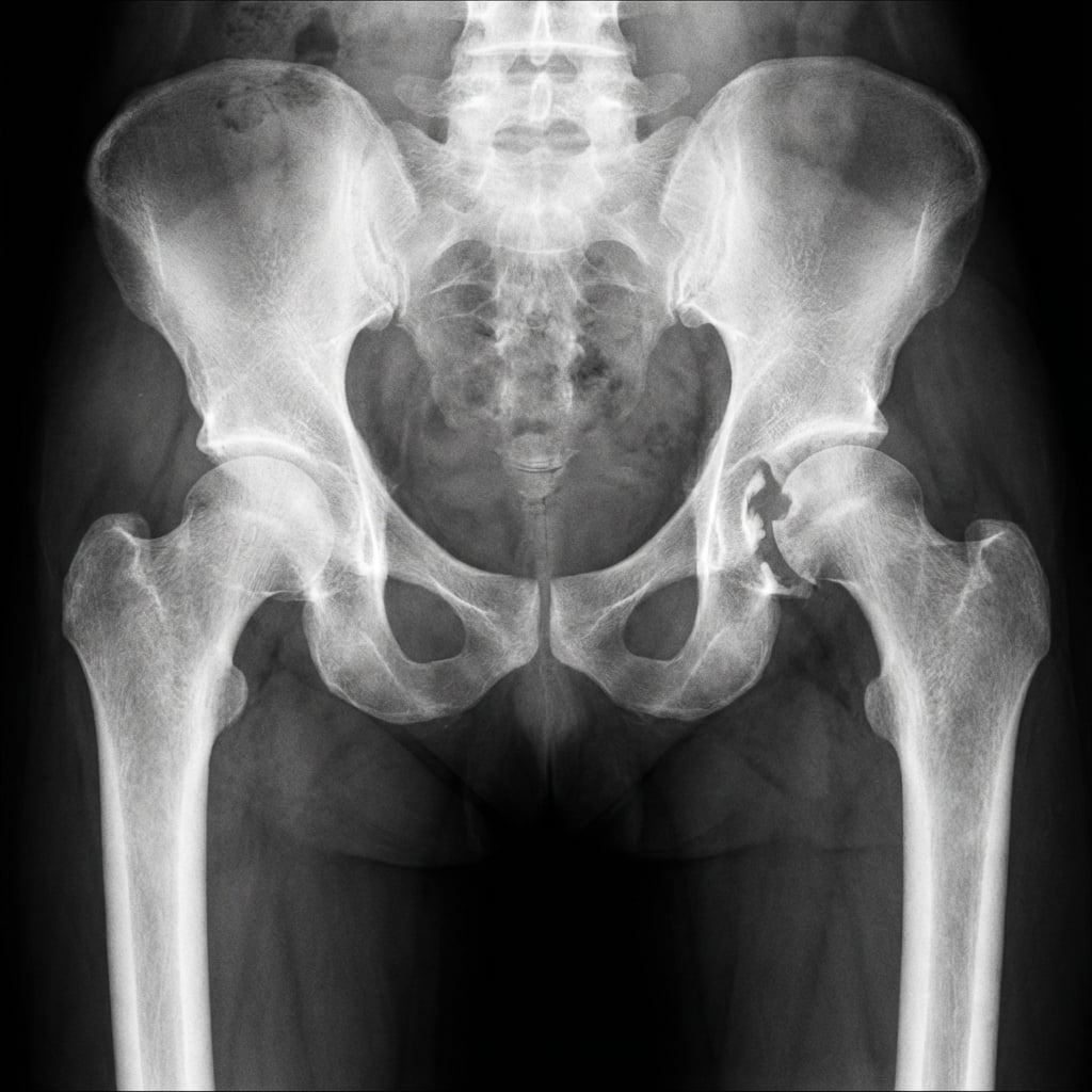 AP pelvis showing posterior wall acetabular fracture with associated posterior hip dislocation. The femoral head is displaced posteriorly with loss of Shenton's line. Obturator oblique view demonstrates posterior wall fragment size. CT shows >40% wall involvement with marginal impaction.