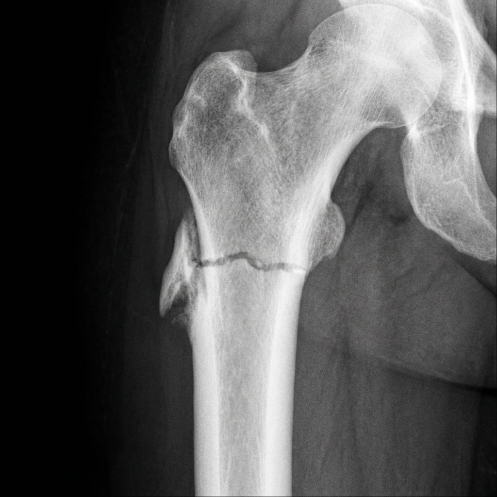 AP radiograph of the proximal femur showing transverse subtrochanteric fracture with classic atypical features: lateral cortical beaking (spike), localized periosteal/endosteal thickening, minimal comminution, and transverse orientation. Note the medial cortical thickening representing stress reaction.