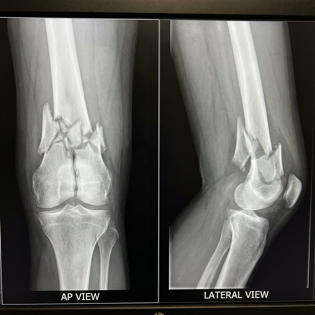 AP and lateral radiographs demonstrating comminuted supracondylar femur fracture with intra-articular extension (AO 33-C2). There is metaphyseal comminution, varus angulation, and shortening. The articular surface shows a simple sagittal split pattern requiring anatomic reduction.