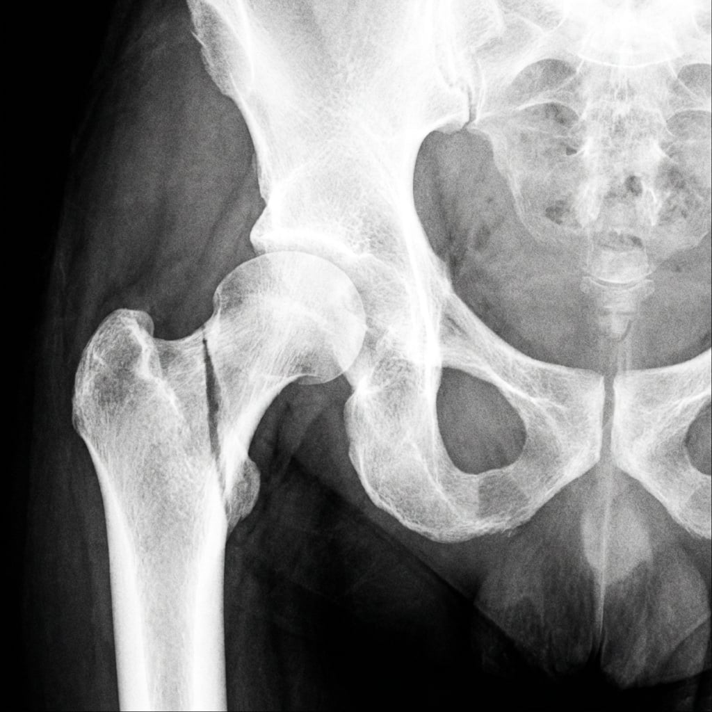AP pelvis radiograph demonstrating displaced subcapital femoral neck fracture (Garden IV) in a young adult. The femoral head is completely displaced with no contact between head and neck fragments. High Pauwels angle (>70°) indicating high shear forces. This is an orthopaedic emergency requiring urgent anatomic reduction and fixation.